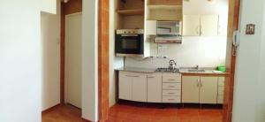 圣奥古斯汀镇Departamento Familiar Centro的小厨房配有白色橱柜和微波炉