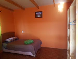 圣佩德罗·德·阿塔卡马Hostal Casa Colque的一间卧室设有橙色墙壁,里面设有一张床