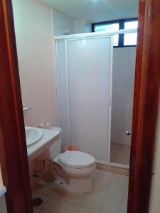 圣克鲁斯华特库Balcon Gueela的浴室配有卫生间、淋浴和盥洗盆。
