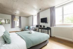 卢森堡皮皮斯特来尔酒店的一间卧室配有一张床、一张沙发和一台电视