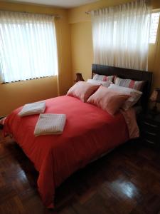 拉巴斯Apartamento Exclusivo VIP的一间卧室配有一张红色大床和红色毯子