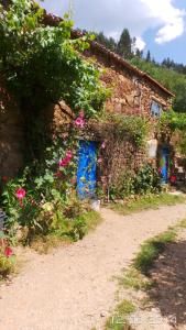 菲盖罗杜什维纽什Cottage Vivenda Festina Lente的蓝色门和鲜花的砖砌建筑