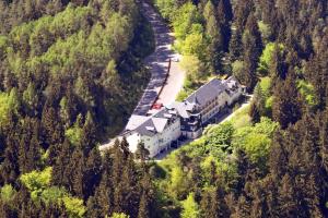 ElgersburgHotel Am Wald -GARNI-的森林中间房屋的空中景观