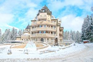 波罗维茨Festa Winter Palace Hotel的一座大建筑,在树前被雪覆盖着