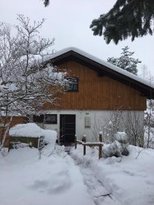 雷根Ferienhaus Charme的前面的雪覆盖的房子