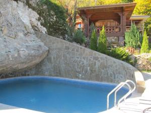 卡缅诺莫斯茨基Guesthouse Lyubava的一座带岩石和房屋的游泳池