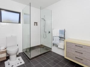 哈海Hahei Beach Apartment的一间带玻璃淋浴和卫生间的浴室