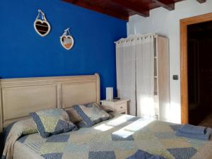 伊斯拉Villa castellanos的一间卧室设有蓝色的墙壁和一张带枕头的床。