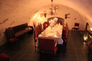 斯卡拉博朗斯波G比斯科加德会议酒店的用餐室配有红色椅子和长桌