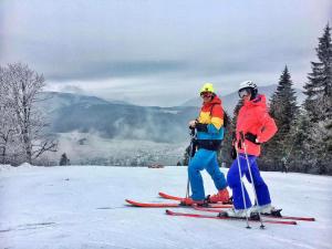 奇奇马尼Kaštieľ Čičmany的两个人站在雪覆盖的滑雪坡上