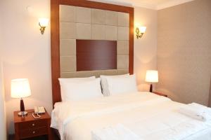 波季Hotel Park Green的卧室配有一张白色大床和两盏灯。