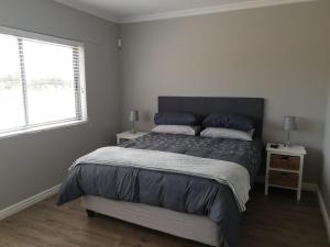 兰格班679 Morsvalla Way Langebaan Golf Estate的一间卧室配有一张带蓝色枕头的床和一扇窗户。