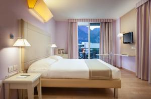 加尔达湖滨托奈利克里斯塔尔皇宫酒店的一间卧室设有一张大床和一个窗户。