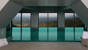西格纳吉卡巴都尼精品酒店的一座带窗户的建筑中的无边游泳池
