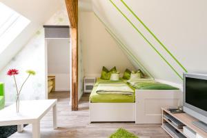 海尔巴德海利根斯塔特Ferienwohnung Alexandra的一间卧室配有一张带绿色床单的床和一台电视。