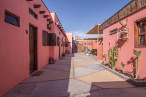 圣佩德罗·德·阿塔卡马蒙特帕尔多旅舍的两座粉红色建筑之间一条有植物的小巷
