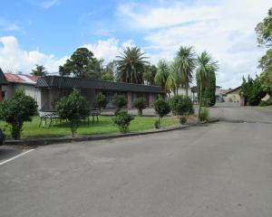 北帕默斯顿北帕默斯顿汽车旅馆的棕榈树房子前面一条空的街道