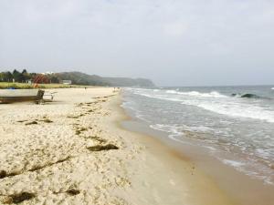 巴贝Ostsee Strandhaus Seerobbe的海滩上设有长凳和海洋