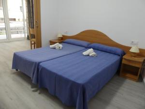 萨洛Zeus Alexis的一间卧室配有蓝色的床和毛巾