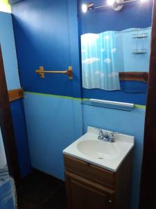 Nombre de DiosCasita Rio Indio的蓝色的浴室设有水槽和镜子