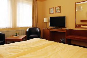 克烈肯瓦尔德城堡酒店的酒店客房配有一张床、一张书桌和一台电视。