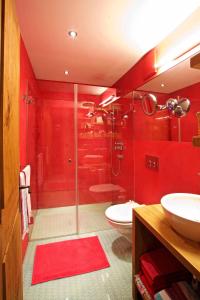 萨梅丹chesa la posta的红色的浴室设有淋浴和卫生间。