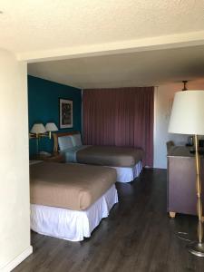 棕榈泉棕榈泉德罗斯瑞斯汽车旅馆的两张位于酒店客房的床,拥有蓝色的墙壁