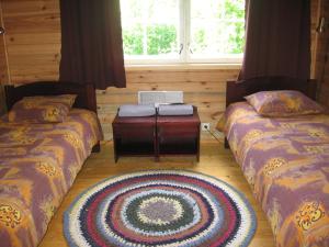 Eoste曼妮农场度假屋的一间设有两张床的客房,地板上铺有地毯。