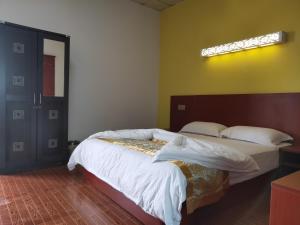 帝力CHONG TI HOTEL的卧室配有一张床,墙上有灯
