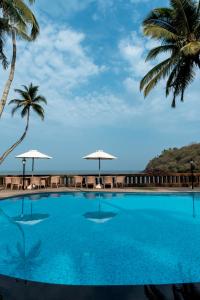 帕纳吉Prainha Resort By The Sea的一座种植了棕榈树和大海的大型蓝色游泳池