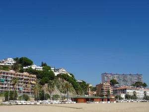 卡内·德·玛尔Duplex en frente de la playa al lado de Barcelona的享有海滩和山丘上建筑的景色