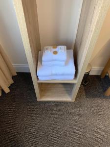丁沃尔The Waverley Inn的一堆毛巾放在一个房间里架子上