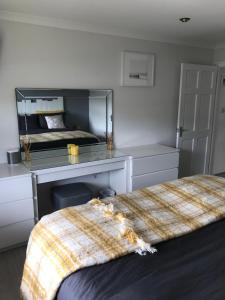 纽基Beachy的一间卧室配有一张床和一张带镜子的书桌