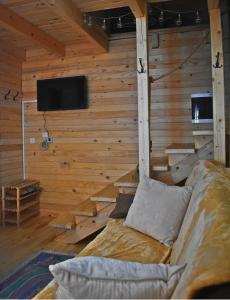 科拉欣Mountain Lodge Mont Peace的客厅设有木墙沙发