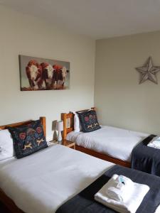 Hilborough天鹅旅馆的一间设有两张床和一张星星桌子的房间