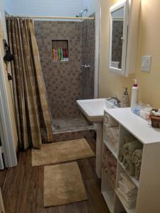 达拉斯阿拉历史Spa小屋住宿加早餐旅馆的浴室配有水槽和带浴帘的淋浴