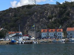 格雷伯斯塔德Grebbestad的一群船停靠在山边的港口