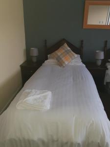 安南昆斯伯里阿姆斯酒店的一张带白色床单的床、一个枕头和两盏灯