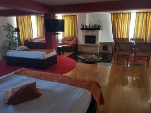 波亚纳默鲁卢伊Pension Poiana Marului Ranch的客厅设有一张床和一个壁炉
