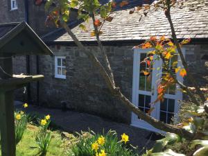 霍特惠斯尔The Snug @ Corry Cottage的白色门和鲜花的石头房子
