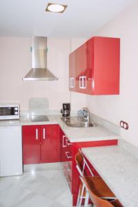 圭哈尔谢拉Vivienda Turistica Arabeluj的红色的厨房,配有红色橱柜和水槽