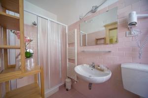渥尔特拉伊特鲁里亚酒店的粉红色的浴室设有水槽和镜子