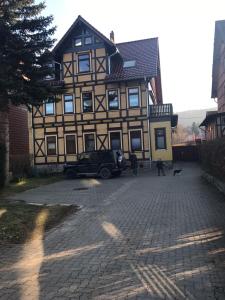 韦尼格罗德Harzer Ferienlodge的人走狗在房子前面