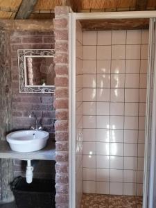 库斯Terra Rouge Guestfarm & Sonstraal Farmhouse的一间带水槽和镜子的浴室