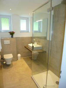 奥伯约赫Haus Marianne的浴室配有卫生间、盥洗盆和淋浴。