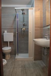 米兰Hotel MM Dateo的带淋浴、卫生间和盥洗盆的浴室