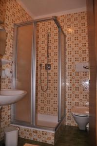 索普拉布扎诺Gasthof Schluff的带淋浴、盥洗盆和卫生间的浴室