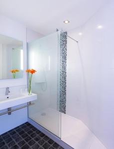 斯特拉斯堡斯特拉斯堡小法国宜必思尚品酒店的带淋浴和盥洗盆的白色浴室