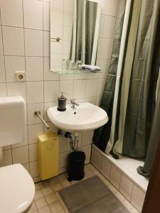 纽伦堡White Pearl Hostel 1的一间带水槽、卫生间和淋浴的浴室