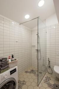考纳斯Maironis apartment 2的带淋浴的浴室内的洗衣机